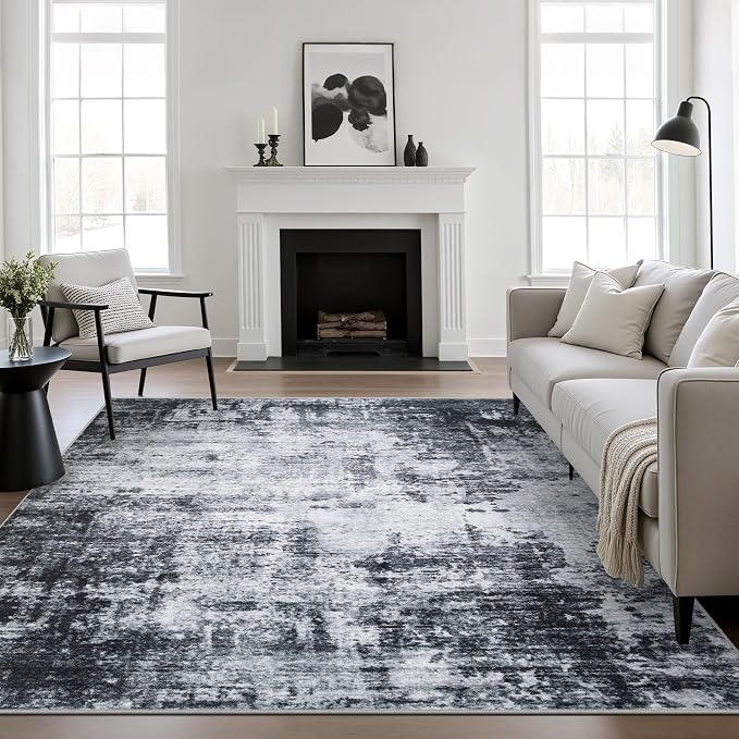 Area Rug Living Room: 4x4 Modern Washable Soft Carpet Dark Black | by FXRHLP