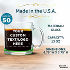 Custom Libbey Clear Glass Coffee Mugs 13 oz. Set of 50, Personalized Bulk Pack - Perfect for Coffee, Tea, Espresso, Hot Cocoa, Other Beverages - Green Bottom