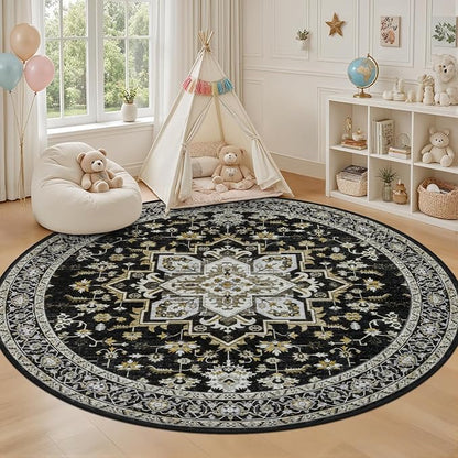 Round Area Rug for Living Room: 6ft Boho Washable Rug Black Gold | Vintage Boho - Image 5