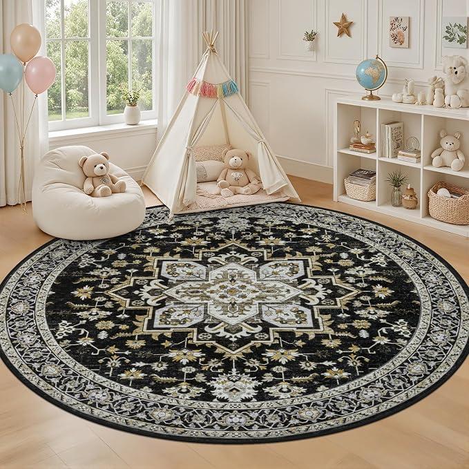 Round Area Rug for Living Room: 8ft Boho Washable Rug Black Gold | Vintage Boho - Image 5