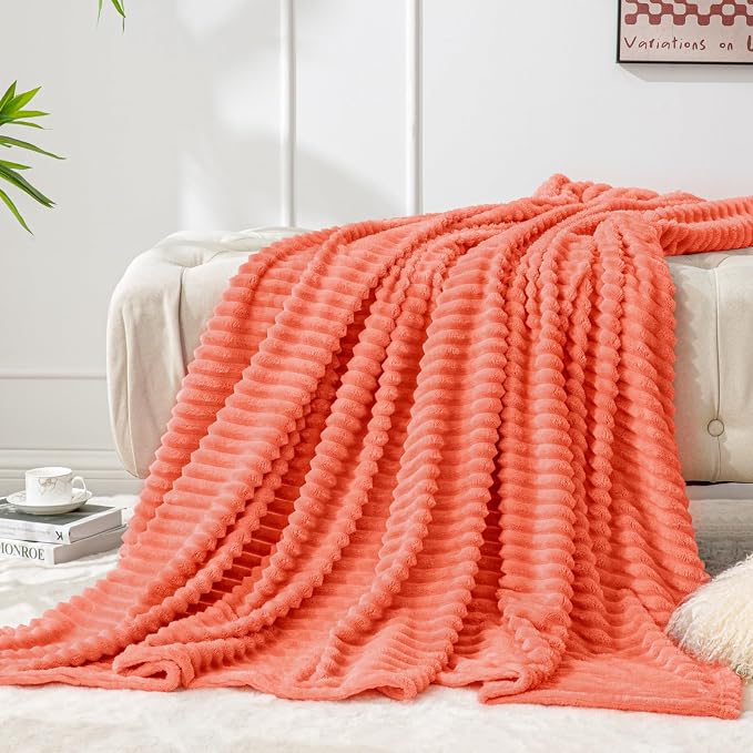 BEDELITE Ribbed Jacquard Coral Red Fleece Twin Blanket - Image 2