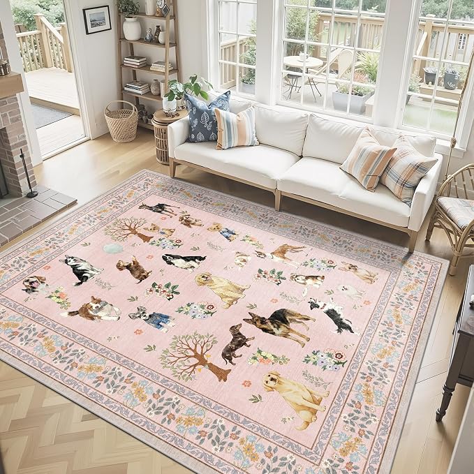 Pink Floral Area Rug 8x10 for Living Room Bedroom | Non Slip; Stain Resistant; - Image 2