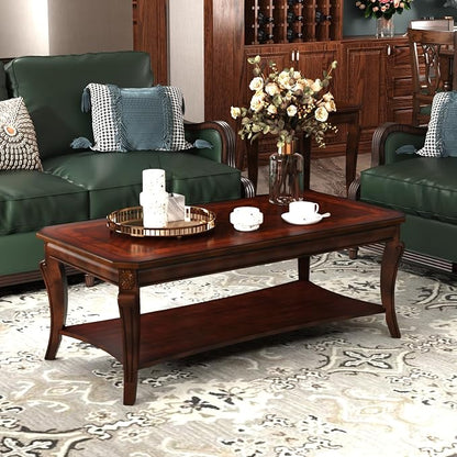 Traditional Coffee Table with Storage Shelf and Carved Leg, Farmhouse Living by MODERION-YourHomeSoulMate