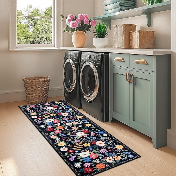 PLHXFR 2x6 Washable Runner Rug：Floral Indoor Kitchen Soft Carpet Black | - Image 4