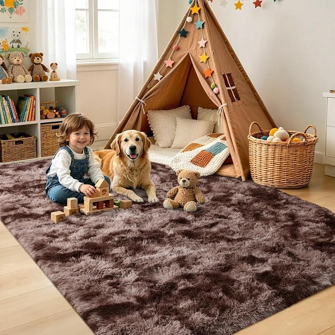 4x6 Tie-Dyed Brown Fluffy Soft Area Rug Non-Slip - Image 4