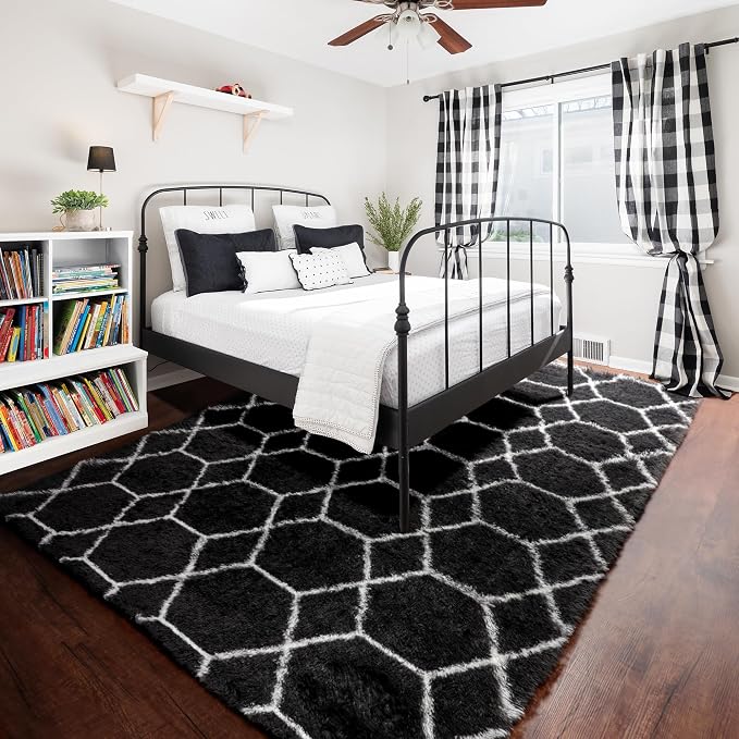 Area Rugs for Living Room, 7x10 Fluffy Black and White Modern Bedroom Rug | - Image 7