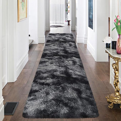Tie-Dyed Runner Rug for Bedroom Black Grey 2x8ft Fluffy Area Rug Bedside Runner - Image 2