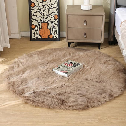 ORINOVA Beige Fuzzy Living Room Washable Area Rug 5ft Round Shag Faux Sheepskin - Image 4