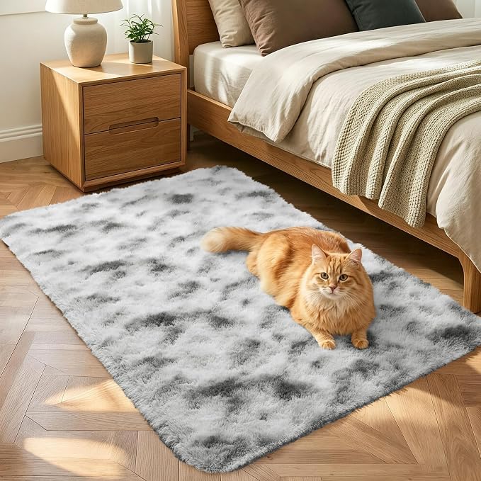 2x3 Tie-Dyed Grey and White Fluffy Area Rug Non-Slip by ModernHomeDecor