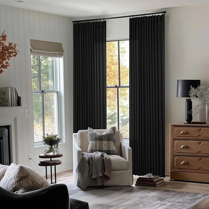 Black Pinch Pleated Linen Semi Sheer 84 Inch Curtains 2 Panels | Light Filtering - Image 8