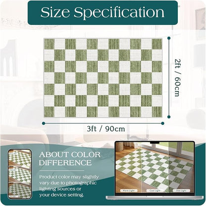 Front Door Mat Outside Entrance 2x3 Green White Checkered Rug | Non-Slip - Image 2