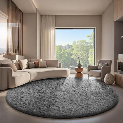 Ophanie Round Rug 7Ft Grey Circle Area Rugs, Large Fluffy Fuzzy Living Room - Image 5