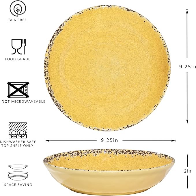 Farmhouse Melamine Pasta Bowls Set, 42 OZ Large Salad Bowls Set, 9.25 inch 6 Piece large Soup Bowls,Wide and Shadow Rustic Round Serving bowl, Set of 6 Dinner Bowl,Yellow…