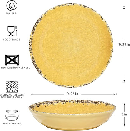 Farmhouse Melamine Pasta Bowls Set, 42 OZ Large Salad Bowls Set, 9.25 inch 6 Piece large Soup Bowls,Wide and Shadow Rustic Round Serving bowl, Set of 6 Dinner Bowl,Yellow…