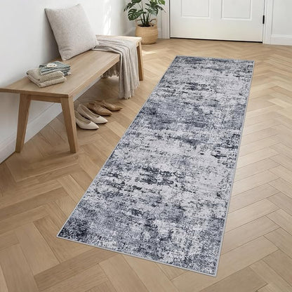 2.6x10 Washable Runner Rug:Modern Abstract Indoor Soft Carpet Grey | - Image 3