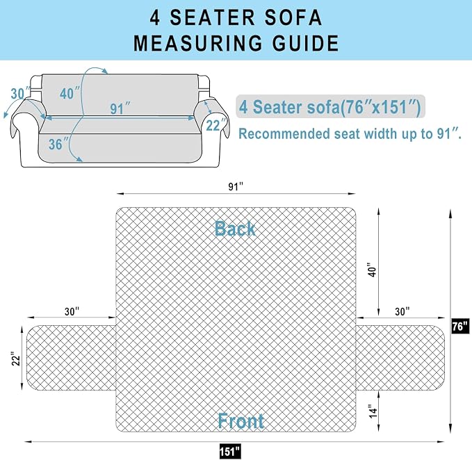 Reversible 4 Seater Sofa Cover 91" Large, Dark Blue | Couch Cover Furniture - Image 7