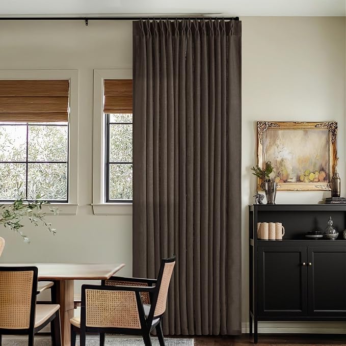 Dark Chocolate 102 Inch Pinch Pleated Semi Sheer Linen Curtains 2 Panels | by Twodrapes