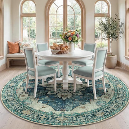 RELEANY Washable Area Rug, Round 7ft, Water Repellent, Pet Friendly, Vintage by RELEANY