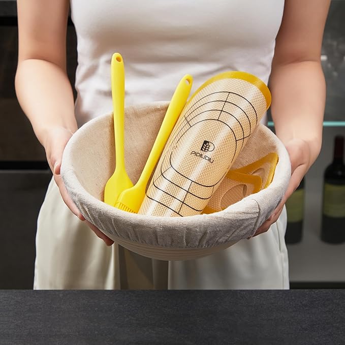 Sourdough Bread Baking Set - 10 Inch Oval & 9 Inch Round Banneton Bread Proofing Baskets with Linen Liner, Danish Dough Whisk, Dough Scraper Kit