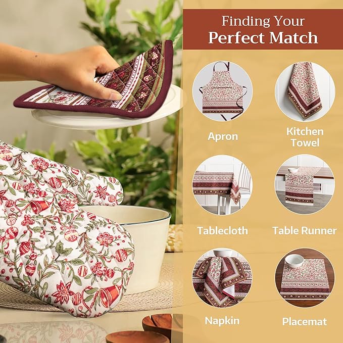 Maison d' Hermine 100% Cotton Oven Mitt & Pot Holder Set (7.5"x13" & 8"x8") Heat Resistant BBQ Cooking Gloves with Loop, Baking, Grilling, Kitchen, Handling Hot Pans (Reveillon Au Jardin)