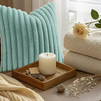 decorUhome Fall Faux Fur Throw Pillow Covers 12x20 Set of 2 Aqua | Decorative - Image 9
