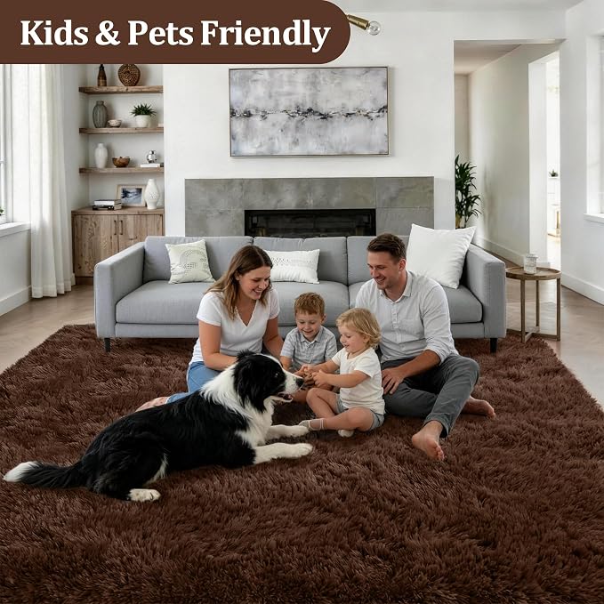 Area Rug Living Room Bedroom: 4x6 Fluffy Plush Shag Carpet Brown | - Image 4