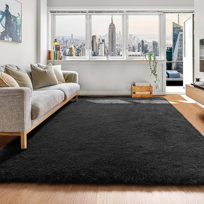 Black Area Rugs for Bedroom Living Room, Fluffy Fuzzy Shaggy 4x6 Bedside Rug by ONASAR