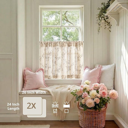 Taupe on Beige Linen Kitchen Curtains Rod Pocket 26W X 24L 2 Panels | Elisa - Image 4