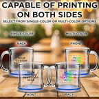 Custom Clear Glass Coffee Mugs 13 oz. Set of 100, Personalized Bulk Pack - Perfect for Coffee, Tea, Espresso, Hot Cocoa, Other Beverages - Blue Bottom