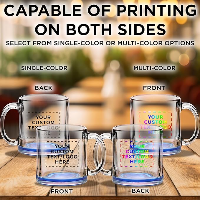 Custom Libbey Clear Glass Coffee Mugs 13 oz. Set of 50, Personalized Bulk Pack - Perfect for Coffee, Tea, Espresso, Hot Cocoa, Other Beverages - Blue Bottom