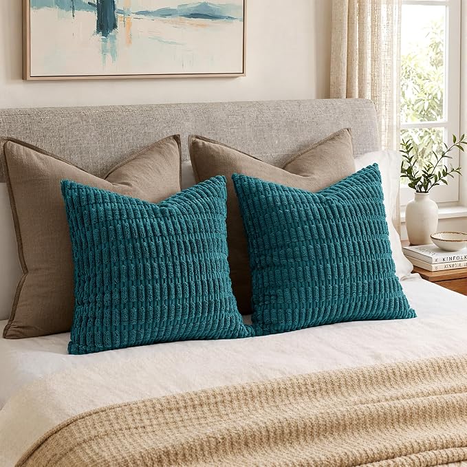 MIULEE Corduroy Decorative Throw Pillow Covers 20x20 Teal Pack of 2 | Soft Boho - Image 5