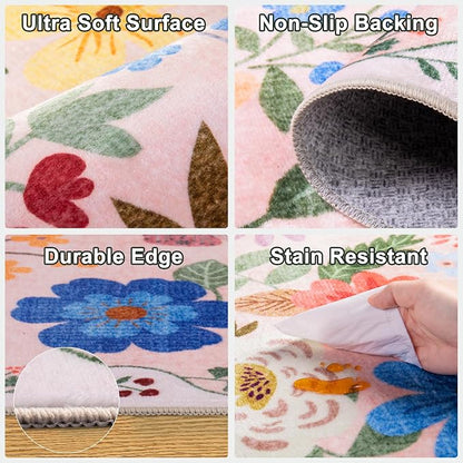 PLHXFR 2x6 Washable Runner Rug：Floral Indoor Kitchen Soft Carpet Beige | - Image 8