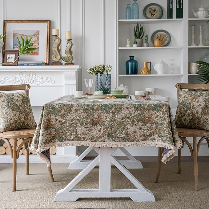 VClife Aesthetic Green and Beige Floral Table Cloth, Linen Texture Table Cloth - Image 6