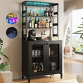 Aheaplus Bar Cabinet with Power Outlets, 67" Tall Wine Bar Cabinet Liquor Cabinets with LED Lights and Glass Holder, Coffee Bars Station for Living Room, Microwave Stand Bakers Rack Cabinets, Black