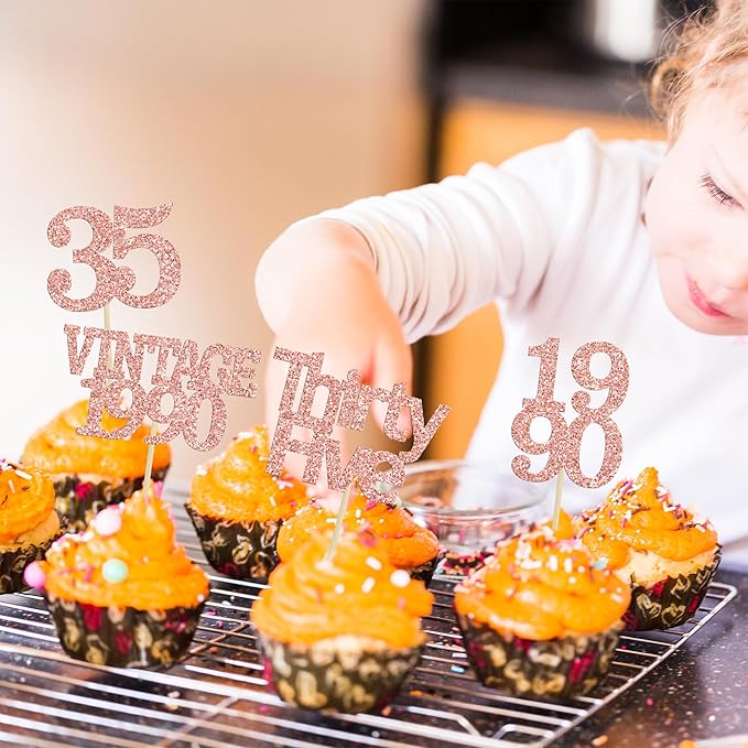 Gyufise 24Pcs Happy 35th Birthday Cupcake Toppers Glitter Thirty Five 35 Fabulous Vintage 1990 Cupcake Picks for 30th Birthday Wedding Anniversary Party Cake Decorations Supplies Rose Gold