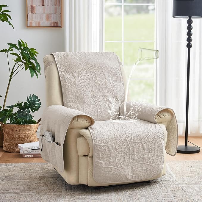 Beige Quilted Recliner Chair Covers, Water-Repellent Recliner Slipcovers - Image 2