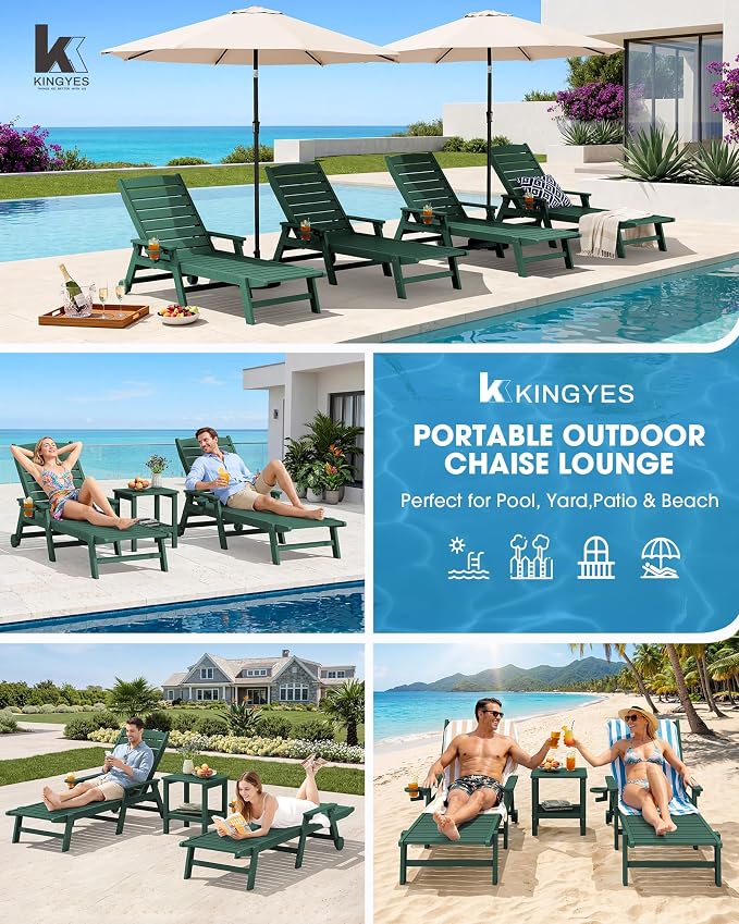 KINGYES HDPE Lounge Chair Outdoor Set of 2, Patio Chaise Lounge Recliner - Image 9