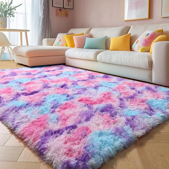 Amdrebio Pink Blue Purple Shaggy Kids Rug 5x8 - Image 8