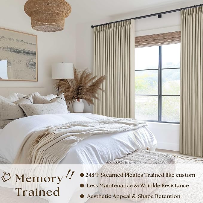 Extra Wide Burlywood Birch Pleated Blackout Linen 60 x 96 Inch Curtains | 100% - Image 2