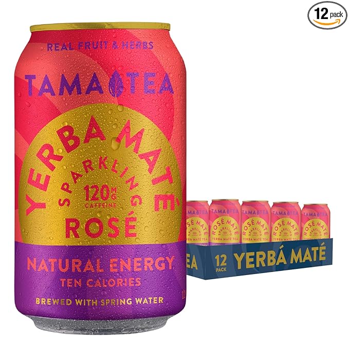 Sparkling Rose Yerba Mate by Tama Tea - Unsweetened Natural Energy Drink with Real Fruit & Herbs - Healthy Caffeine Drink Alternative - 120mg of Brain-Boosting Caffeine, 10 Calories - 12oz Pack of 12