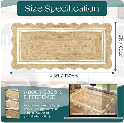 Front Door Mat - 2x4.3 Neutral Farmhouse Scalloped Small Runner Rug | Washable - Image 2