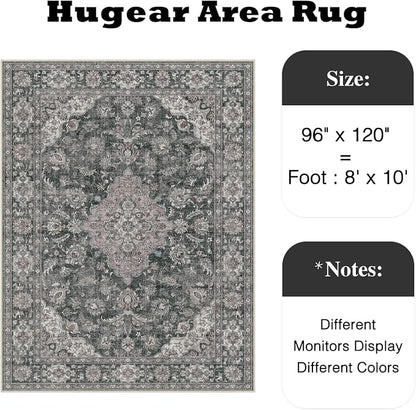 8x10 Black Grey Retro Floral Washable Area Rug - Image 2