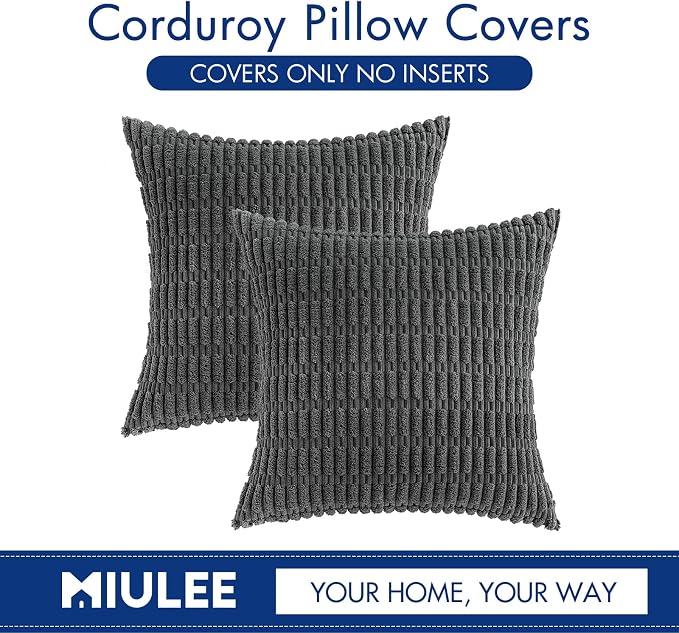 MIULEE Corduroy Decorative Throw Pillow Covers 18x18 Dark Grey Pack of 2 | Soft - Image 6