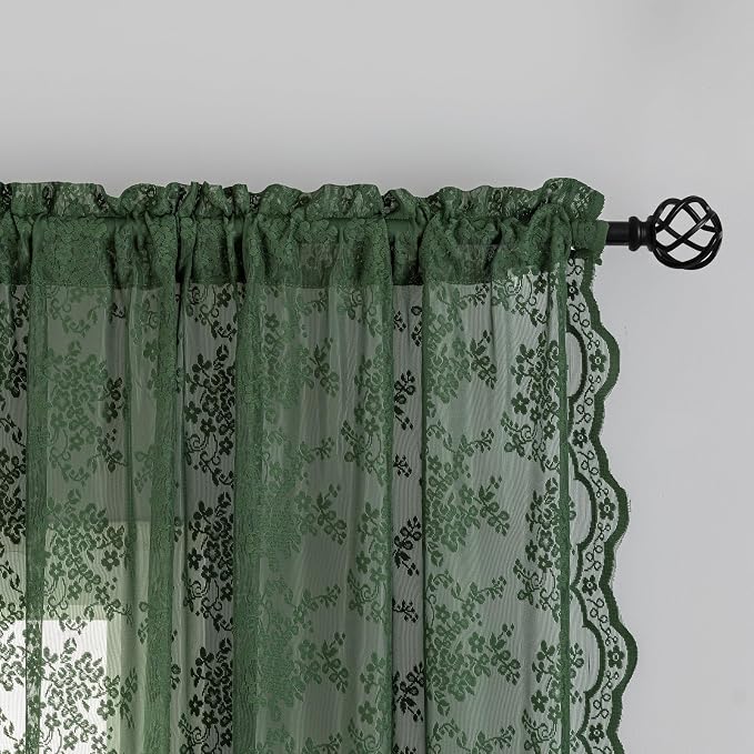 YJ YANJUN Vintage Lace Curtains 63 Inch Length-Victorian Floral Dark Olive - Image 3