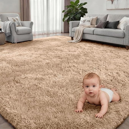 9x12 Area Rug Living Room Bedroom: Fluffy Plush Shag Carpet Beige | - Image 2