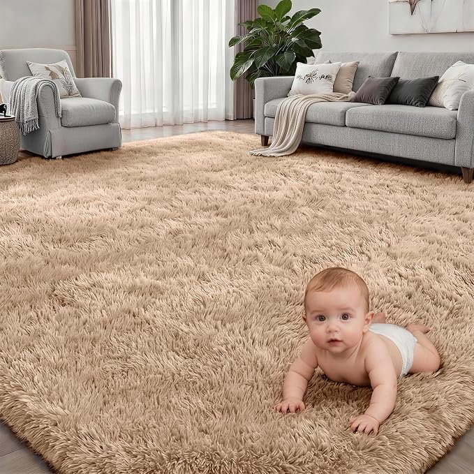 Area Rug Living Room Bedroom: 6x9 Fluffy Plush Shag Carpet Beige | - Image 2
