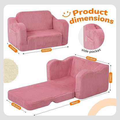 MeMoreCool Corduroy Pink Kids Chair, 2-in-1 Kids Couch Fold Out to Lounger - Image 3