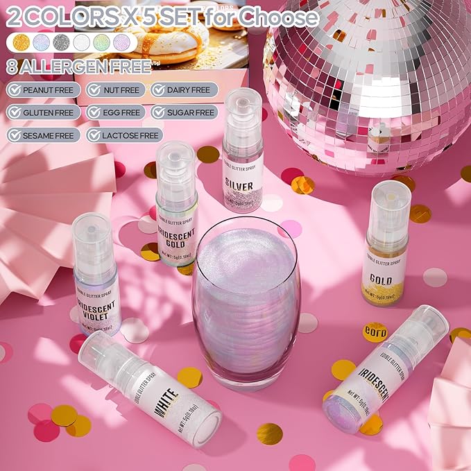 Edible Glitter Spray,2 Colors Silver & White Food Grade Edible Glitter Set for Drink Cake Beverages,Cupcakes,Cake Pops and Cookies Decorating