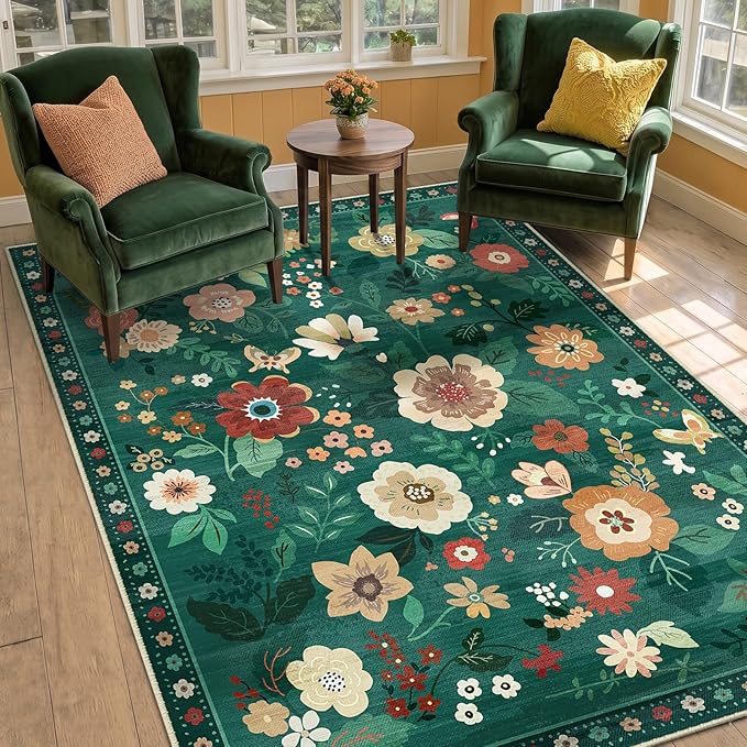 RELEANY Floral Washable 3x5 Area Rugs DarkGreen | Flower Carpet Print Boho Cute by RELEANY