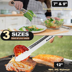 Anaeat Premium Kitchen Locking Tong Set of 3 - Heavy Duty Stainless Steel Food Tongs with Long Handle & Non-Slip Silicone Grip for Cooking, Baking, Grilling - Heat Resistant up to 480°F